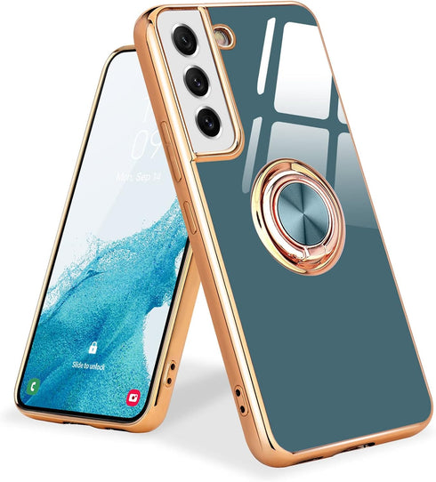 Samsung Galaxy S21 Case Compatible, Grey Finger Ring Holder with Rose Gold Plating Design, Rotating Kickstand