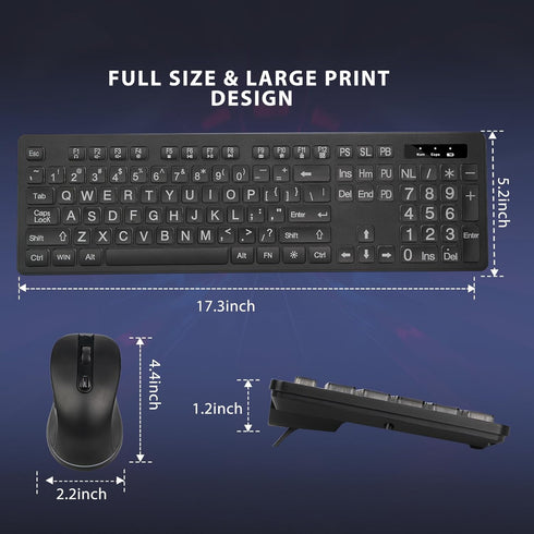 Wireless Keyboard and Mouse - KOPJIPPOM Large Print Wireless Keyboard, 2.4G Full Size Set with Backlight Key for