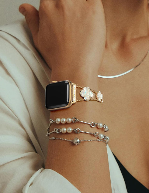 CTYBB Sparkle Diamond Band for Apple Watch 42mm 44mm 45mm Series 1-9, Cute Lucky Clover Dressy Wristband, Gold/White