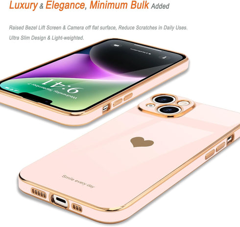 Teageo iPhone 14 Case for Women, Cute Love Heart Luxury Electroplate Plating Soft Bling Back Cover - Light Pink