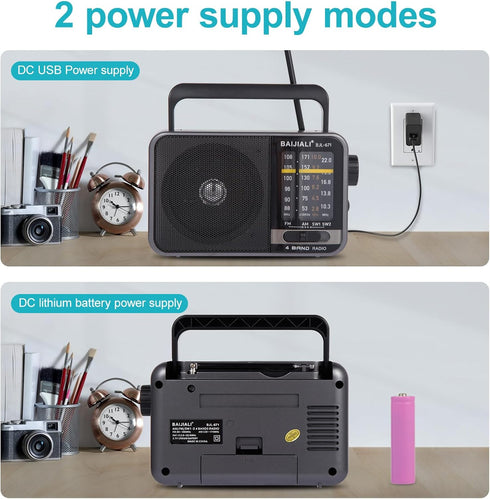 Portable Radio AM FM, Transistor Radio with Loud Speaker, Battery Powered or DC USB, Suitable for Indoor and Outdoor Use