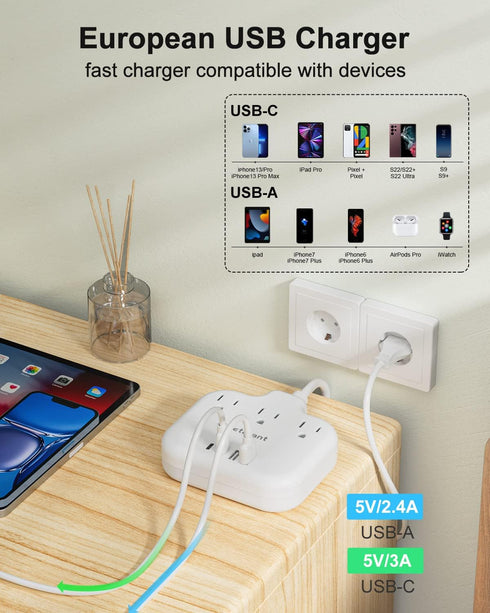 European Travel Plug Adapter, US to European with 3 American Outlets & 4 USB, 5ft Power Cord for Travel