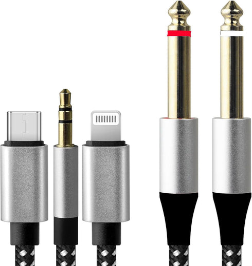 4.26FT MFi Certified Lightning to 1/4 Inch Audio Adapter Cable, 3-in-1 Stereo 1/4 Cable for Headphone AMP