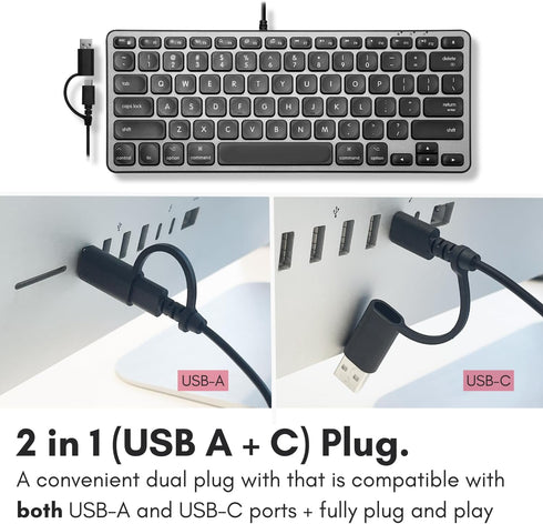 Macally Wired Keyboard for Mac with USB Hub (2X USB-C / 1x USB-A), Small Apple Keyboard for MacBook Pro/Air, iMac