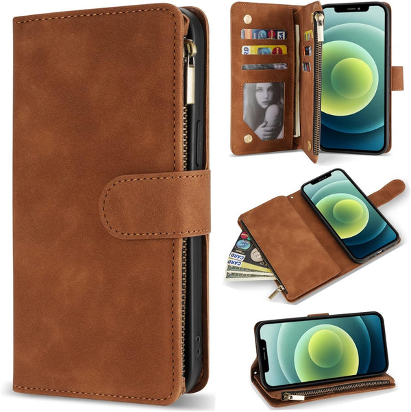 ZZXX for iPhone 12 Mini Wallet Case with Card Slot, Premium Soft PU Leather Zipper Flip Folio Wallet (Brown)
