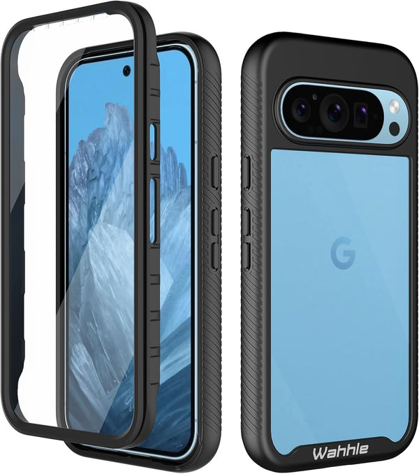 wahhle Case for Google Pixel 9/9 Pro, Built-in Screen Protector, Full Body Shockproof Slim Fit Bumper Cover, Black/Clear