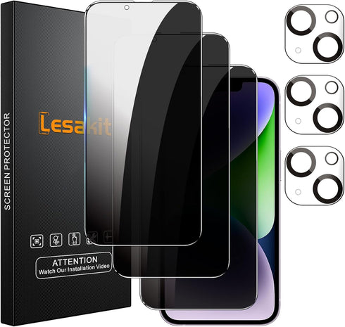 iPhone 14 Plus 6.7-Inch Privacy Screen Protector 3+3 Pack, Anti-Spy Tempered Glass, 9H Hardness, Bubble-Free, Case