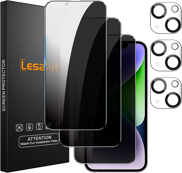 iPhone 14 Plus 6.7-Inch Privacy Screen Protector 3+3 Pack, Anti-Spy Tempered Glass, 9H Hardness, Bubble-Free, Case