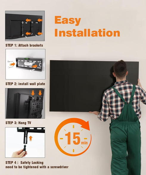 Fixed TV Wall Mount Low Profile for 17-42” Universal Small Flat TVs & Monitors, Slim Bracket Fits 8" Wood Studs Max