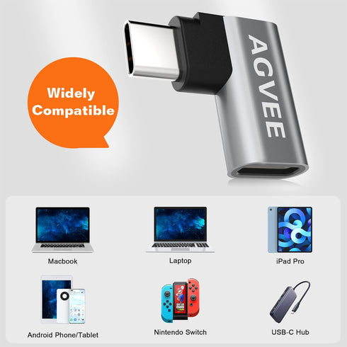 AGVEE 4 Pack USB-C Male to USB-C Female Adapter, 90 Degree Right Angled Type-C 3.2 Gen 2 Converter, Gray