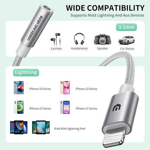 UNBREAKcable Headphones Adapter for iPhone, MFi Certified Lightning to 3.5mm Jack Converter with Newest Apple Original Chip Compatible for iPhone 14/13/12/11/Pro/SE/Xs MAX/XR/X/8/iPad/iPod - Silvery