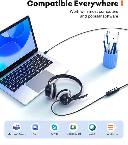 Headset 3.5mm Headsets Headset USB with Microphone, Wired Computer with Noise Cancelling Microphone, Stereo Headphones