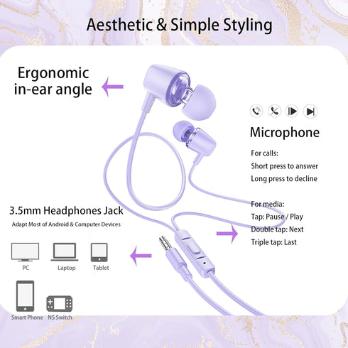 Earbuds Set with Case for Kids, Wired Headphones with Small Size Ear Tips, Aesthetic Earphones for Phone and PC (Purple)