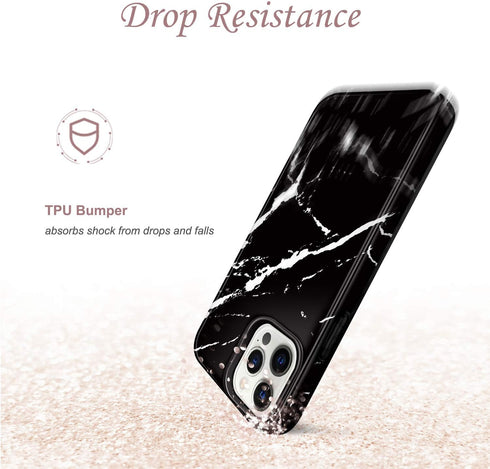JIAXIUFEN Compatible iPhone 12 Pro Case, Marble Slim Shockproof TPU Soft Rubber Cover (Black)