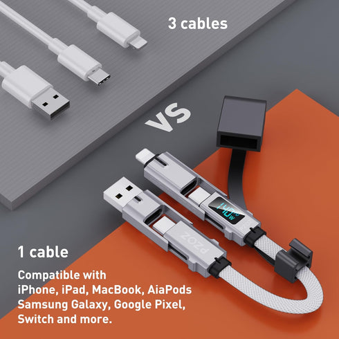 pzoz Portable Keychain Charger Short Cable with LED Display, 4-in-1 Multi USB C Fast Charging for iPhone, iPad, Samsung