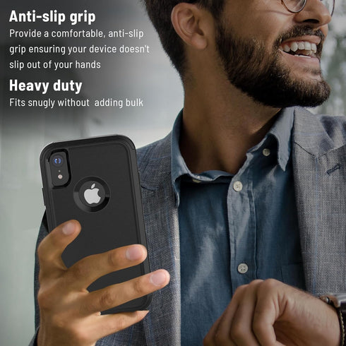 iPhone XR Case - Heavy Duty 3-Layers Shockproof & Dropproof Cover with Tempered Glass Protector (Black) 6.1 Inch