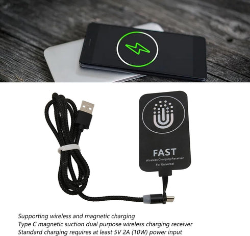 Wireless Charging Receiver and Adapter, 10w Ultra Thin Wireless Charging Receiver Type C Charger Adapter with Magnetic Charging Cable