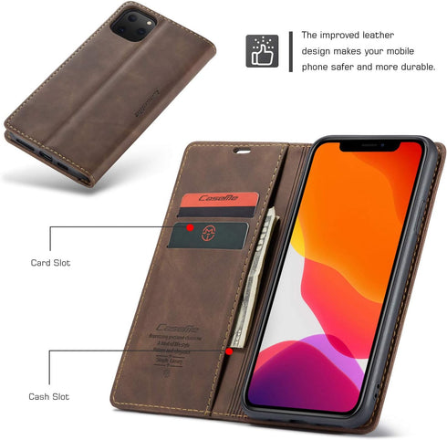SINIANL iPhone 11 Pro Wallet Case, Leather Flip Case with Kickstand, Credit Card Slot, Magnetic Closure, Coffee