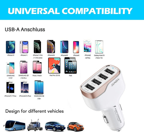 SUNDA 48W/9.6A USB Fast Car Charger, 4-Ports Car Charger Adapter for Apple and Android Smartphones