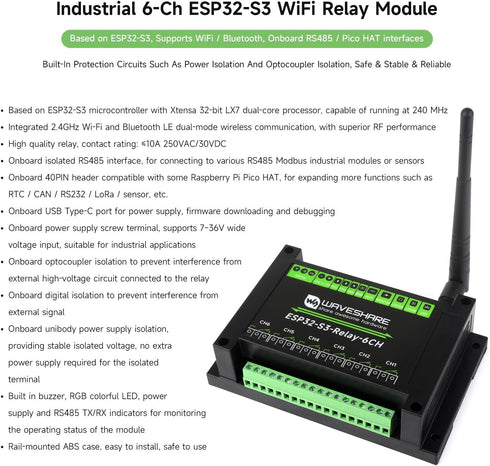 Waveshare Industrial 6-Channel ESP32-S3 WiFi Relay Module, Supports WiFi/Bluetooth/RS485 Control, Multiple Isolation