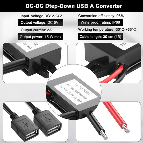 JSADZKJ 12V 24V 5V 3A 15W DIY30cm/1ft(Double DC to Dual USB Female Power Converter,DC-D C Step Down Power