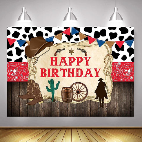 Mocsicka Western Cowboy Happy Birthday Backdrop, Rustic Old West Rodeo Banner (7x5ft, 82x60 inch) Decoration