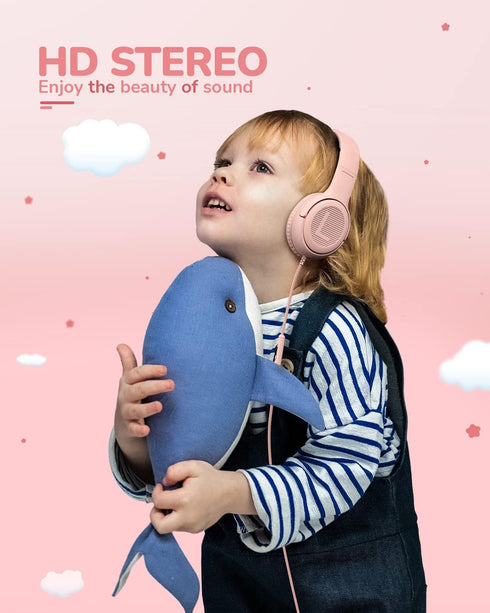 Kids Headphones with Microphone, Foldable Stereo Tangle-Free Wired Cord On-Ear Headset for Children/Teens, Pink