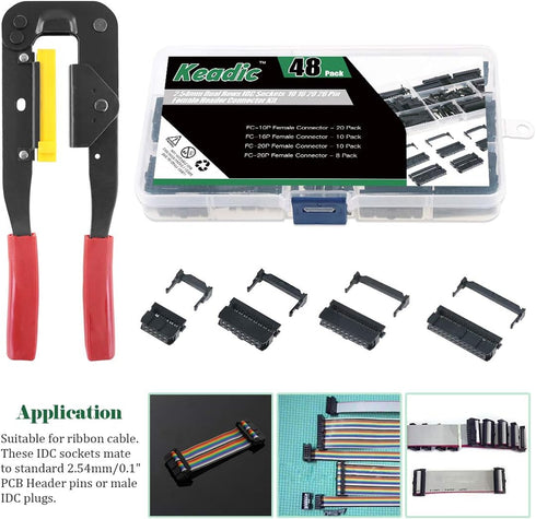 Keadic 49 Pieces FC-10 16 20 26 Pin Female Header IDC Cable Connector 2.54mm Pitch with IDC Crimp Tool
