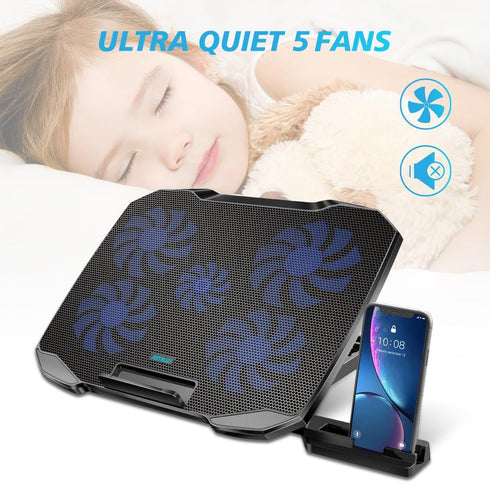 Laptop Cooling Pad Stand with 5 Quiet Fans, Adjustable Angles for 12-15.6 Inch Notebooks (Black)