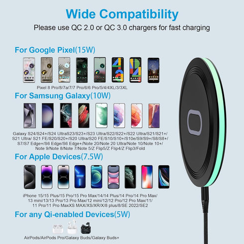 Pixel 7a 8 Pro Wireless Charger Pad, 15W Fast Charging Pad with Adapter for Google Pixel 8a 7 Pro 7 6 Pro 6, iPhone 15