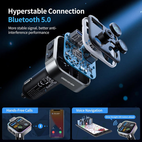 UNBREAKcable Bluetooth FM Transmitter for Car, PD 38W Fast Charging, Wireless Adapter with Hands-Free Calls, HiFi Bass