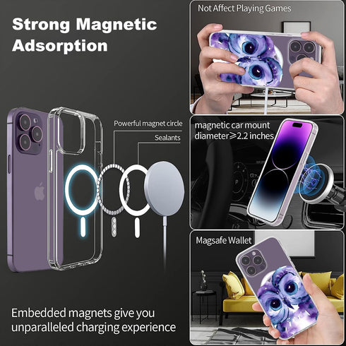 iPhone 13 Clear TPU Case with Purple Owl Pattern, MagSafe Compatible, Magnetic Wireless Charging, 6.1 inch.