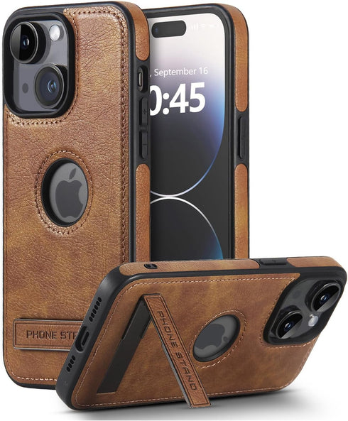 iPhone 15 Plus Leather Case, Slim Shockproof Cover with Kickstand, Flexible Soft Grip, Luxury Protection (Brown)
