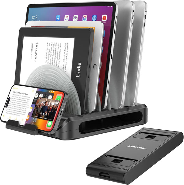 Vertical Laptop Stand for Desk, Adjustable Multi-Device Organizer with 6 Dividers, Removable Phone Stand, Black