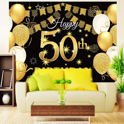 Saliyaa 7x5ft Happy 50th Birthday Backdrop, Black Gold Birthday Sign Poster for Men Women 50th Party