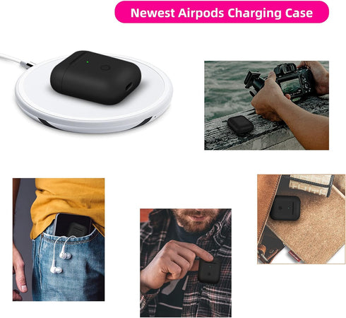 Jinstyles Wireless Charging Case Replacement for AirPods 1st & 2nd Generation, Black, with Bluetooth Sync Pairing Button