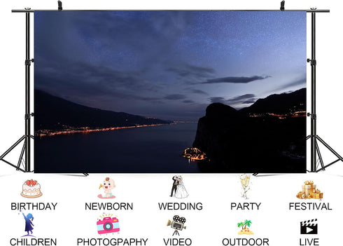 UPXIO 10x8ft Starry Lake Night Backdrop Mountain Lights and Starry Sky Photo Background Tapestry for Landscape
