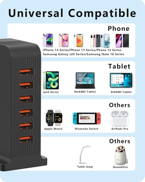 VPSUN USB Charger 6 Port 50W Multi USB Tower Charging Station for Multiple Devices, Black, for iPhone 15/14/14 Pro/14