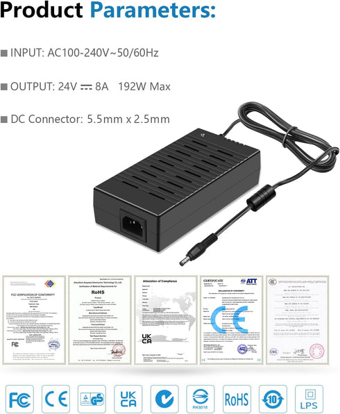 SHNITPWR 24V Power Supply DC Adapter, 24 Volt 8A 192W AC to DC Converter Transformer with 5.5x2.5mm Tip, 13.5FT Long