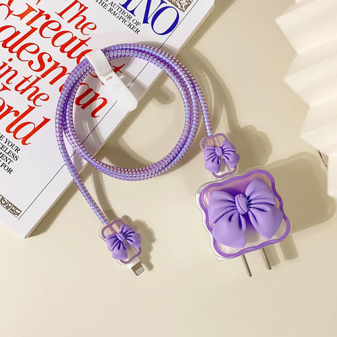 Clear Lovely 3D Bowknot Waves Design Soft Charger Protector for iPhone 18W/20W USB-C Charger Cover, Cute Cable Case