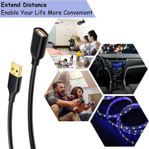 Costyle USB Extension Cable 6FT, 2-Pack USB 2.0 A Male to A Female Extension Cord for USB Devices, Black