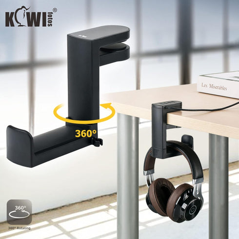 KIWIFOTOS Headphone Stand Holder Under Desk, PC Gaming Headset Hook with 360 Adjustable Rotating Arm Clamp & Cable Clip
