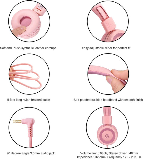 noot products Kids Headphones K11, Foldable Stereo Wired On-Ear Headset, Soft Pink
