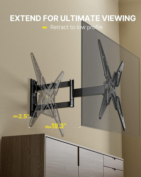Full Motion TV Wall Mount Swivel Tilt for 26-60 Inch TVs and Monitors up to 70lbs, Single Stud Corner Outdoor Wall