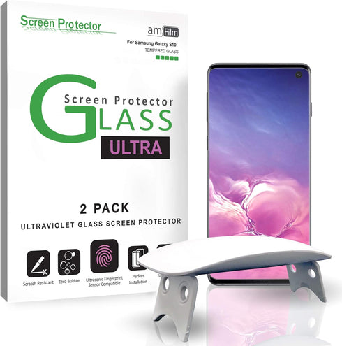amFilm Ultra Screen Protector for Galaxy S10, UV Gel Application, Tempered Glass, 2 Pack