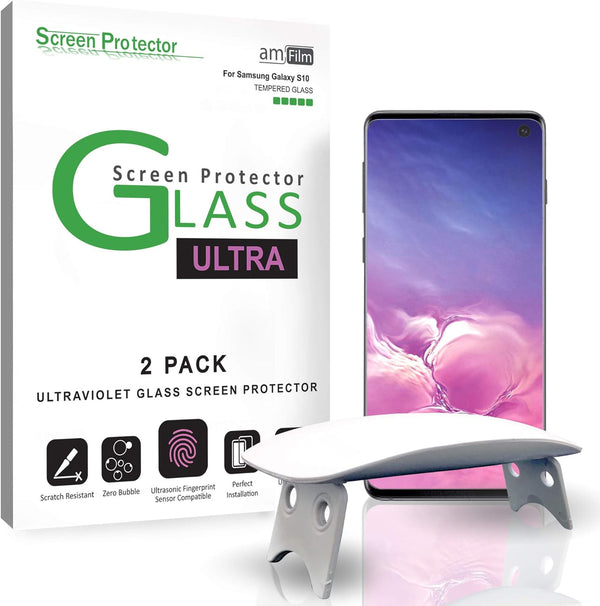 amFilm Ultra Screen Protector for Galaxy S10, UV Gel Application, Tempered Glass, 2 Pack