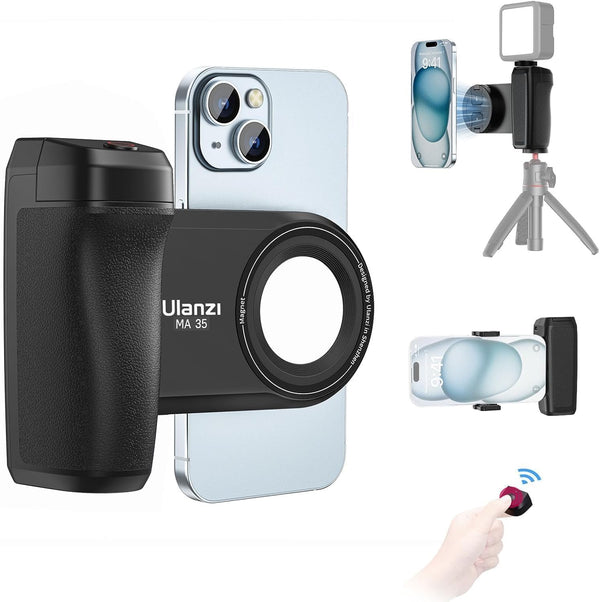 ULANZI Selfie Phone Tripod Mount MA35, 2-in-1 Magnetic & Phone Clip Grip Handle with Remote Shutter for iPhone 14 15