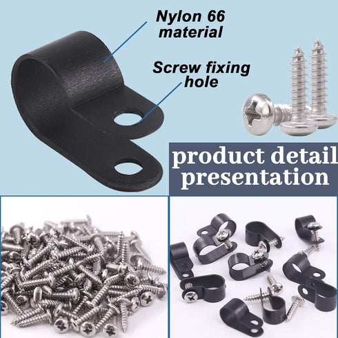 Glarks 120Pcs 1/2 Inch Black Nylon R-Type Cable Clip Wire Clamp with 120Pcs Screws for Wire, Cable, Conduit