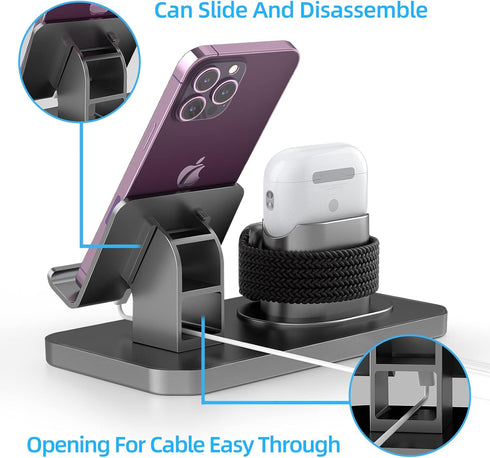 180° Rotation Phone Charger Stand Holder, 3in1 Charger Dock for Apple iWatch/AirPods/iPad and Most Smartphones (Gray)