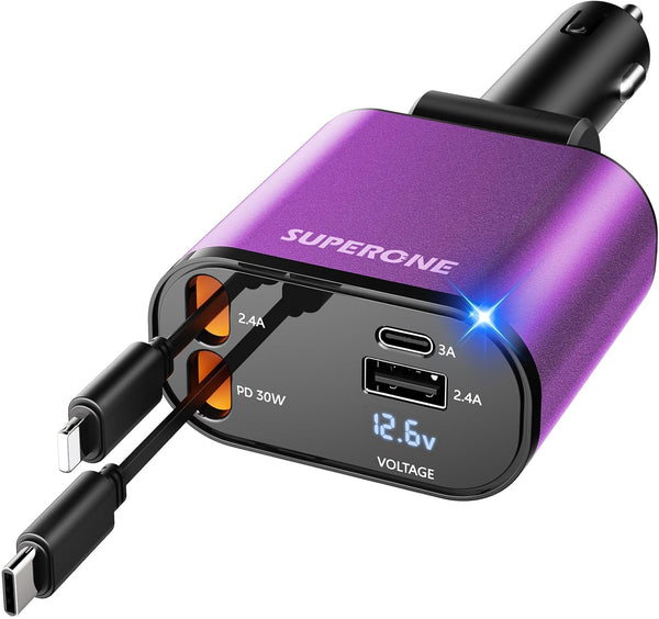 ?Upgraded?SUPERONE 4 in 1 Retractable Car Charger, Fast Car Phone Charger with 2.6ft Cord for iPhone 15/15 Pro